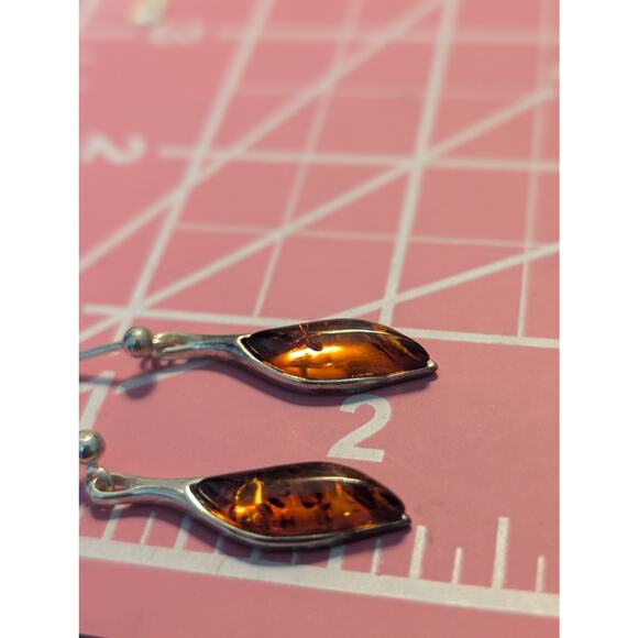 Vintage Marked 925 Sterling Silver Baltic Amber Post Dangle Earrings - Picture 4 of 8